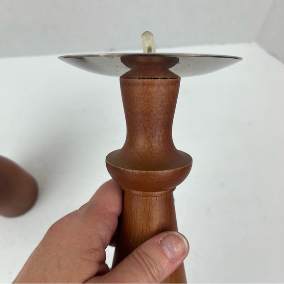 MCM style teak wood 10” pillar candlestick set(2) - Picture 10 of 11